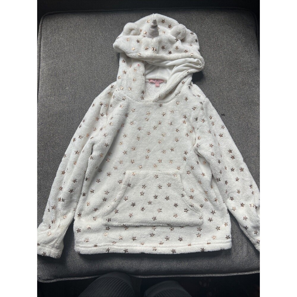 BCBG Girls Fleece Hoodie  6 White Gold Star Print With Ears Pullover - Picture 7 of 7